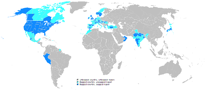 Map of countries and states bagged (blue), orange is questionable